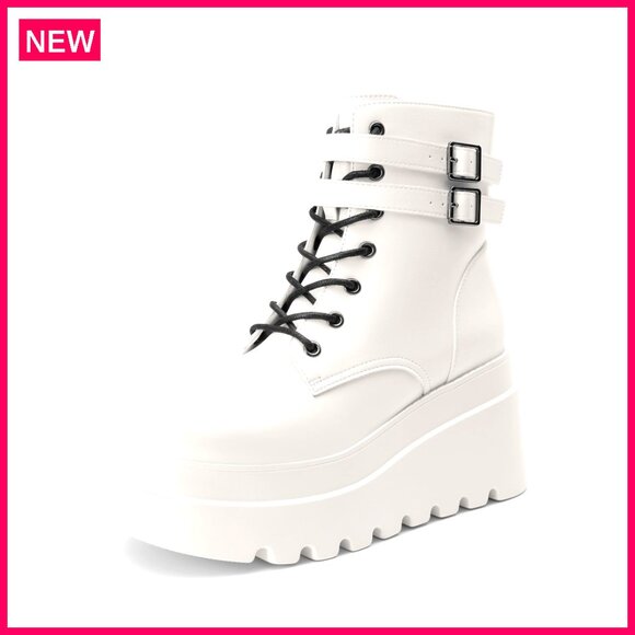 Women's Platform Combat Boots Chunky Heel Lace Up Ankle Booties